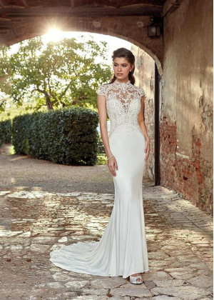 Mermaid High Neck Ivory Lace Chiffon Wedding Dress